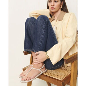 Women's Reformation Thea T-Strap Linen Sandals in Cream size 8 Quiet Luxury